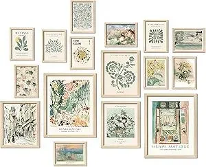 16 PCS Framed Sage Green Wall Art Decor, Matisse Wall Prints for Bedroom, Gallery Wall Frame Set, Abstract Posters for Living Room Aesthetic, Collage Kit Pictures, Boho Dorm Home Decor
