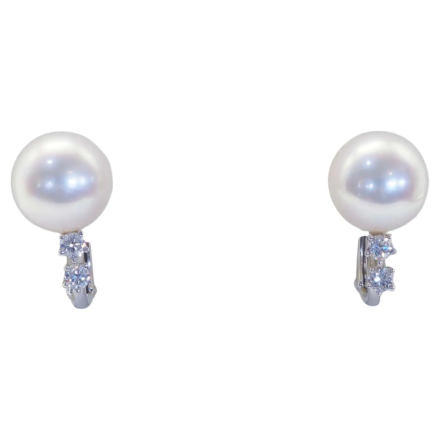 18K White Gold 9mm White South Sea Pearl & 0.18ct Diamond Clip Stud Earrings