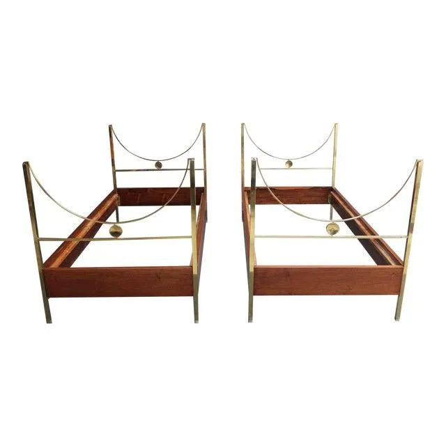 Pair of Vintage Italian Mahogany and Brass Beds by Carlo De Carli for Sormani