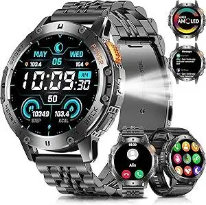 Military Smart Watches for Men with Bluetooth Call, 1.43" AMOLED Waterproof Smartwatch with Flashlight, 111 Sport Modes, 530mAh Heart Rate/SpO2/Sleep Monitor Fitness Tracker for Android iOS