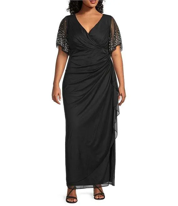 Plus Size Embellished Short Flutter Sleeve V-Neck Ruched Waist Empire Waist Gown