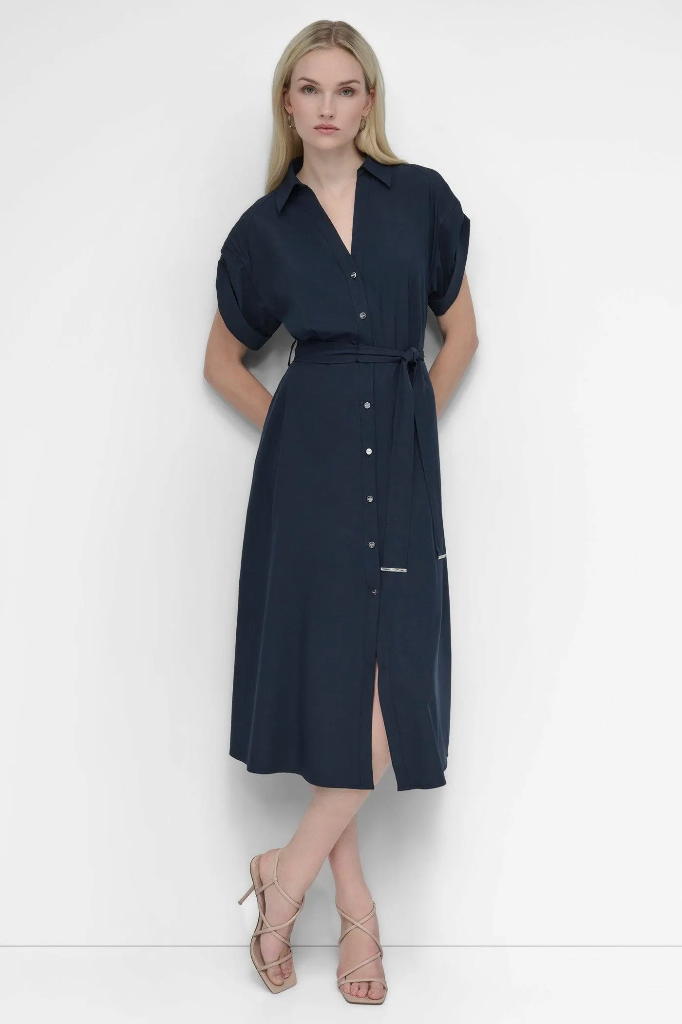 BUTTON FRONT COMMUTER MIDI DRESS