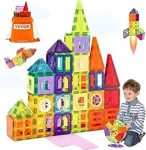 VEVOR Magnetic Tiles, 181 PCS Magnetic Blocks for Kids, Magnet Building Set with Car Bases/Ferris Wheel/Letter & Digital Cards, STEM Construction Stacking Toys for Toddlers Boys Girls Aged 3 Years