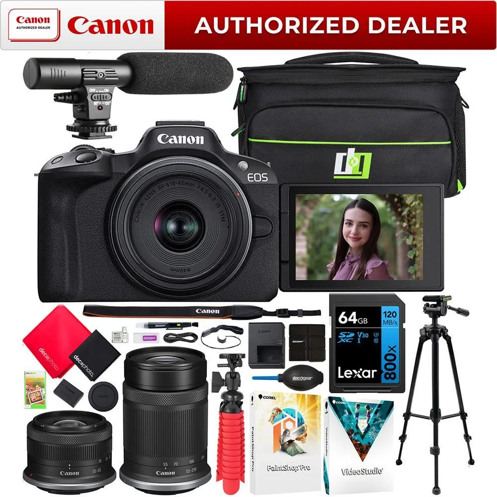 Canon EOS R50 Mirrorless Camera with 2 Lens Kit 18-45mm + 55-210mm IS STM + Pro Bundle