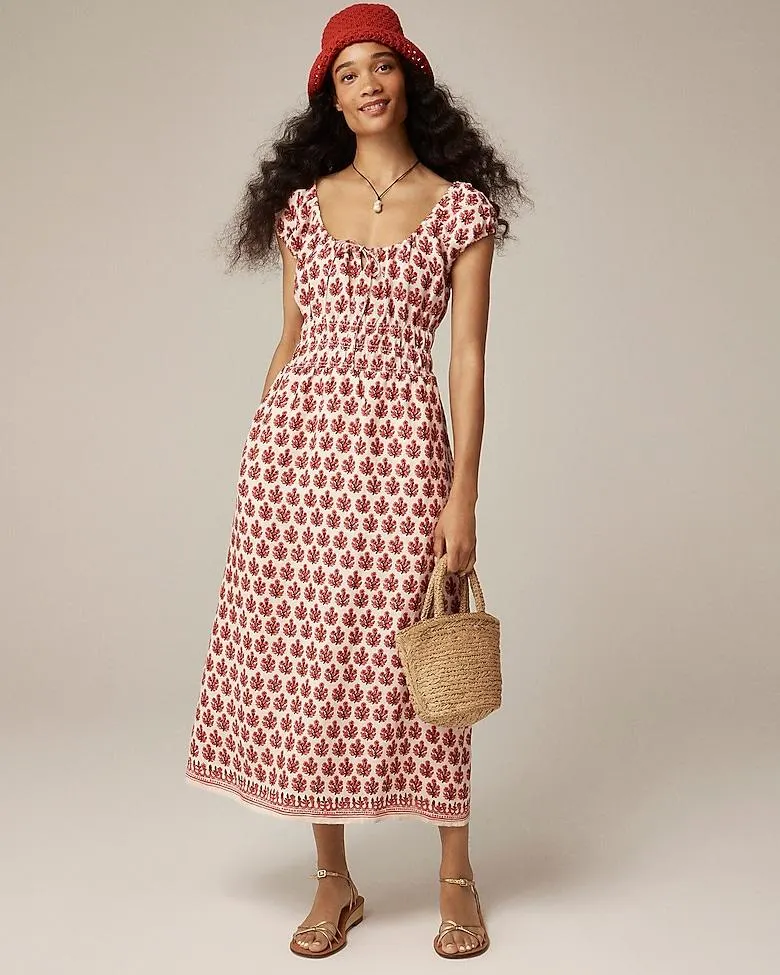 Cap-sleeve midi dress in block print linen
