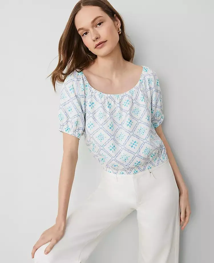 Tiled Linen-Blend Bubble Hem Blouse