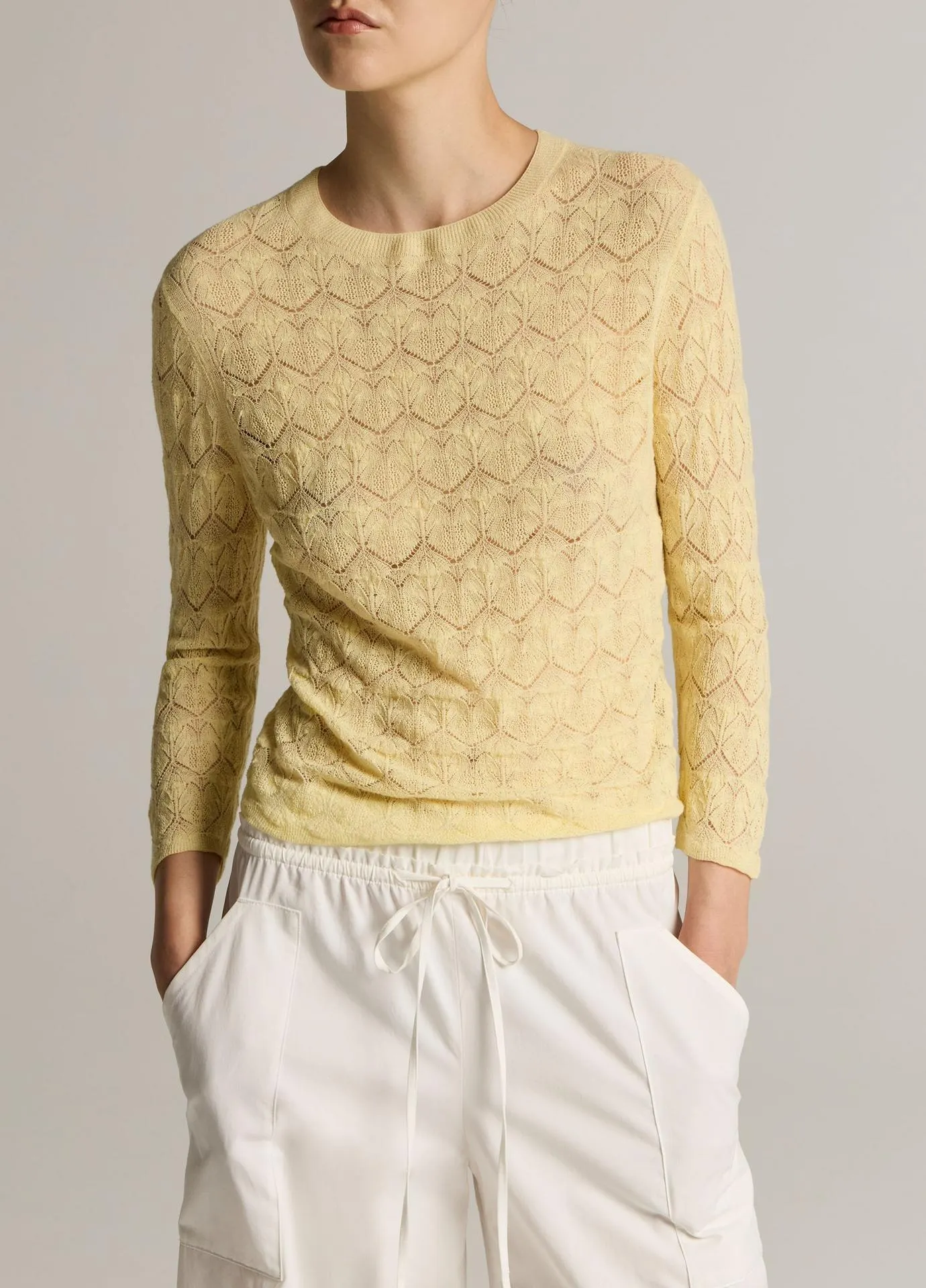 Fine Lace Cotton Three-Quarter-Sleeve Crew Neck Sweater