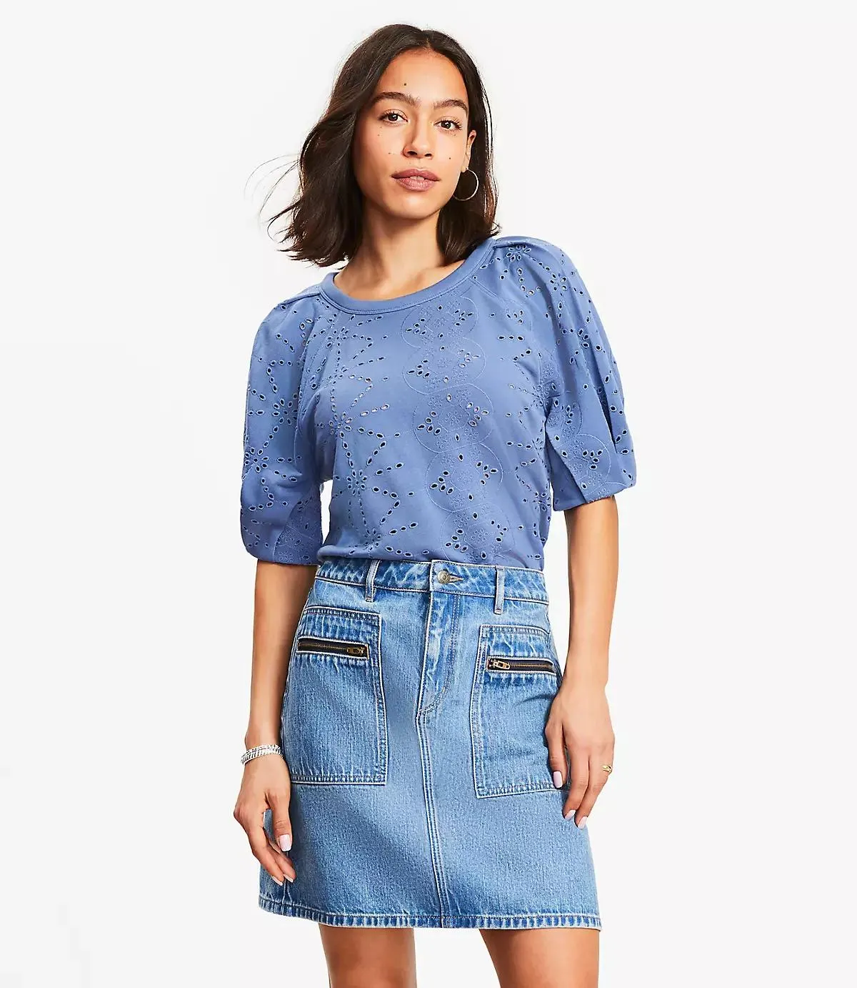 Eyelet Mixed Media Short Sleeve Sweatshirt