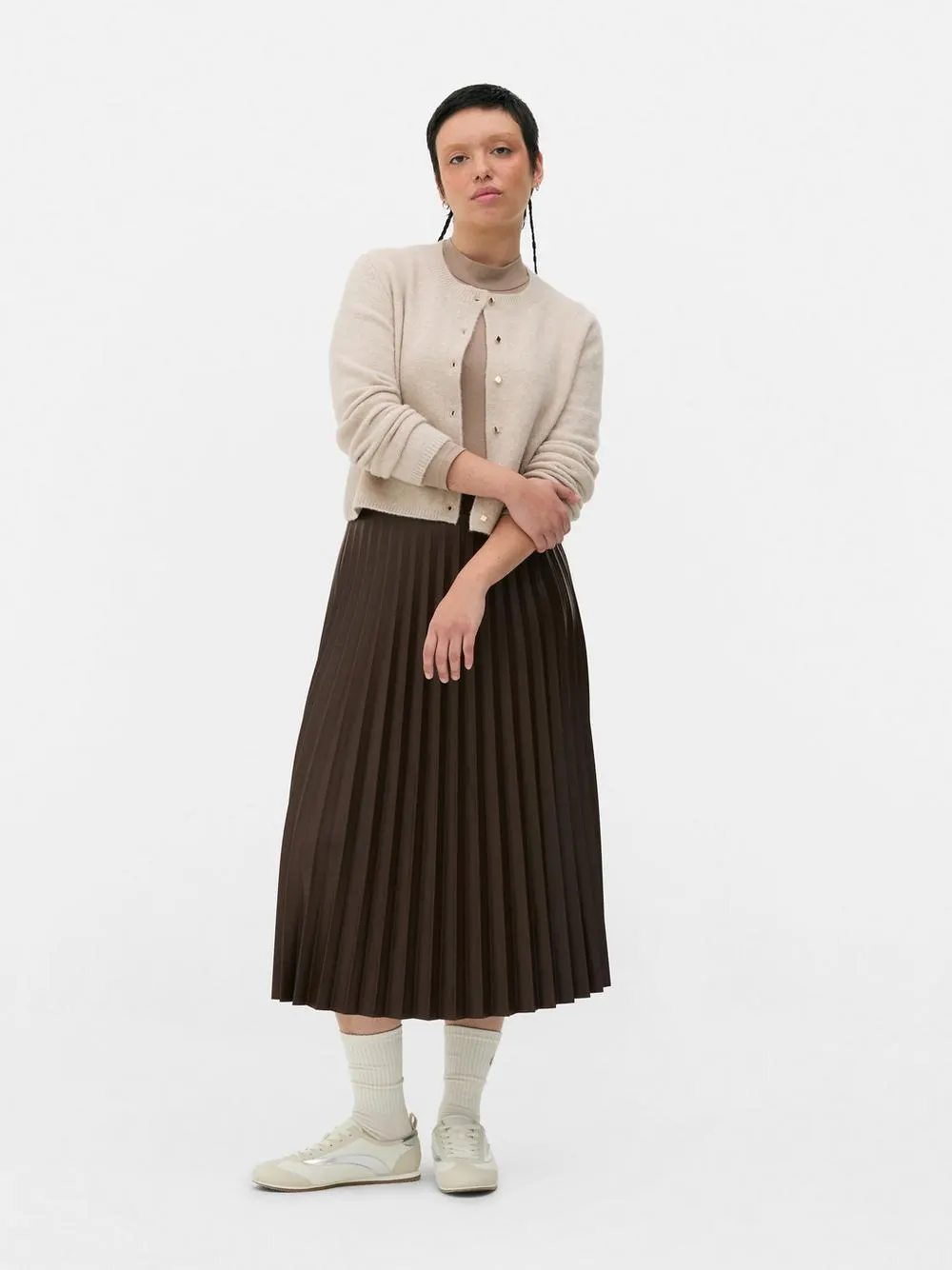 Faux Leather Pleated Midi Skirt