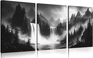 Foggy Forest Wall Art for Living Room - Mountains Canvas Wall Art for Office - Black and White 3 Piece Wall Decor Size 12" x 16"