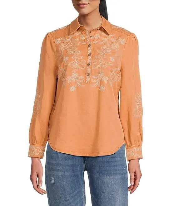 Prescott Woven Point Collar Long Sleeve Embroidered Peasant Shirt