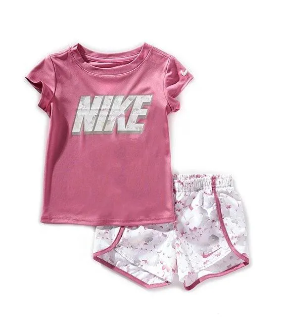 Little Girls Flutter-Sleeve Floral-Logo T-Shirt & Floral-Printed Shorts Set