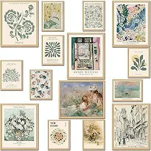 LANCHI95 15 PCS Sage Green Wall Art Decor, Matisse Wall Prints, Abstract Posters for Room Aesthetic, Wall Art For Living Room Bedroom, Eclectic Boho Vintage Dorm Gallery Home Decor (Unframed, Green 1)