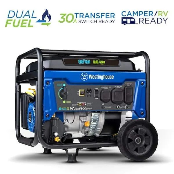 6,500/5,300-Watt Dual Fuel Gas and Propane Powered Portable Generator with Digital Display, 30A 120/240V Outlet