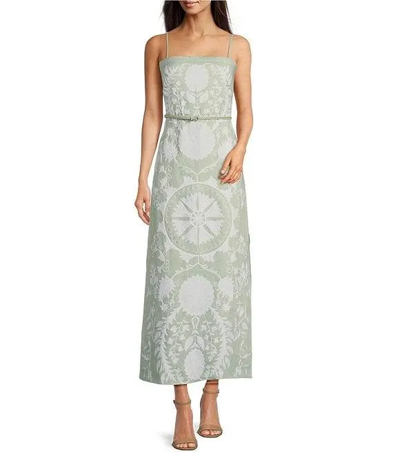 Linen Embroidered Square Neck Sleeveless Spaghetti Strap Braided Belt Column Side Slit Maxi Coordinating Dress