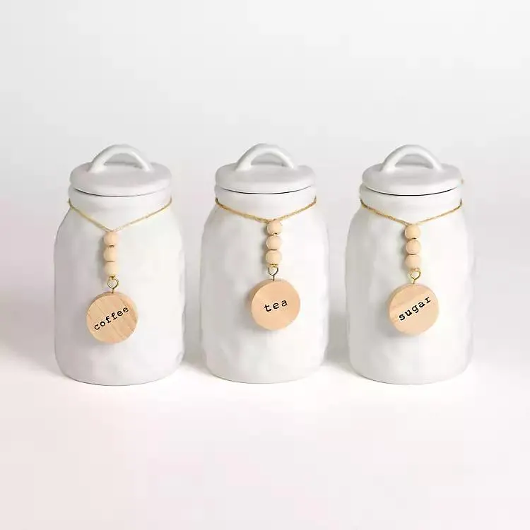 White Ceramic Wood Bead Canisters, Set of 3