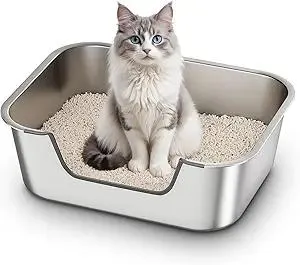 Stainless Steel Cat Litter Box with Low Entry, Metal Kitty Litter Box for Senior or Injured Cats, Odor-Free, Non-Stick, Easy to Clean, 17.5"x13.6"x5.9", Litter Pan for Medium and Small Cats