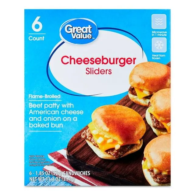 Great Value Cheeseburger Sliders, 11.1 oz, 6 Count (Frozen)