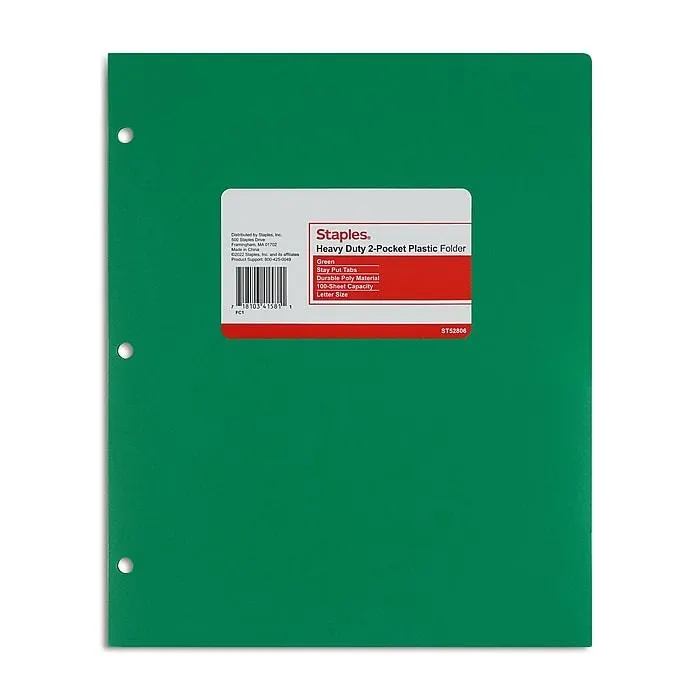 Staples 3-Hole Punched 2-Pocket Plastic Portfolio Folder,
