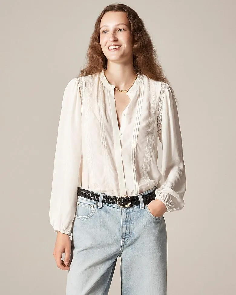 Lace-trim pintuck top in crepe de chine