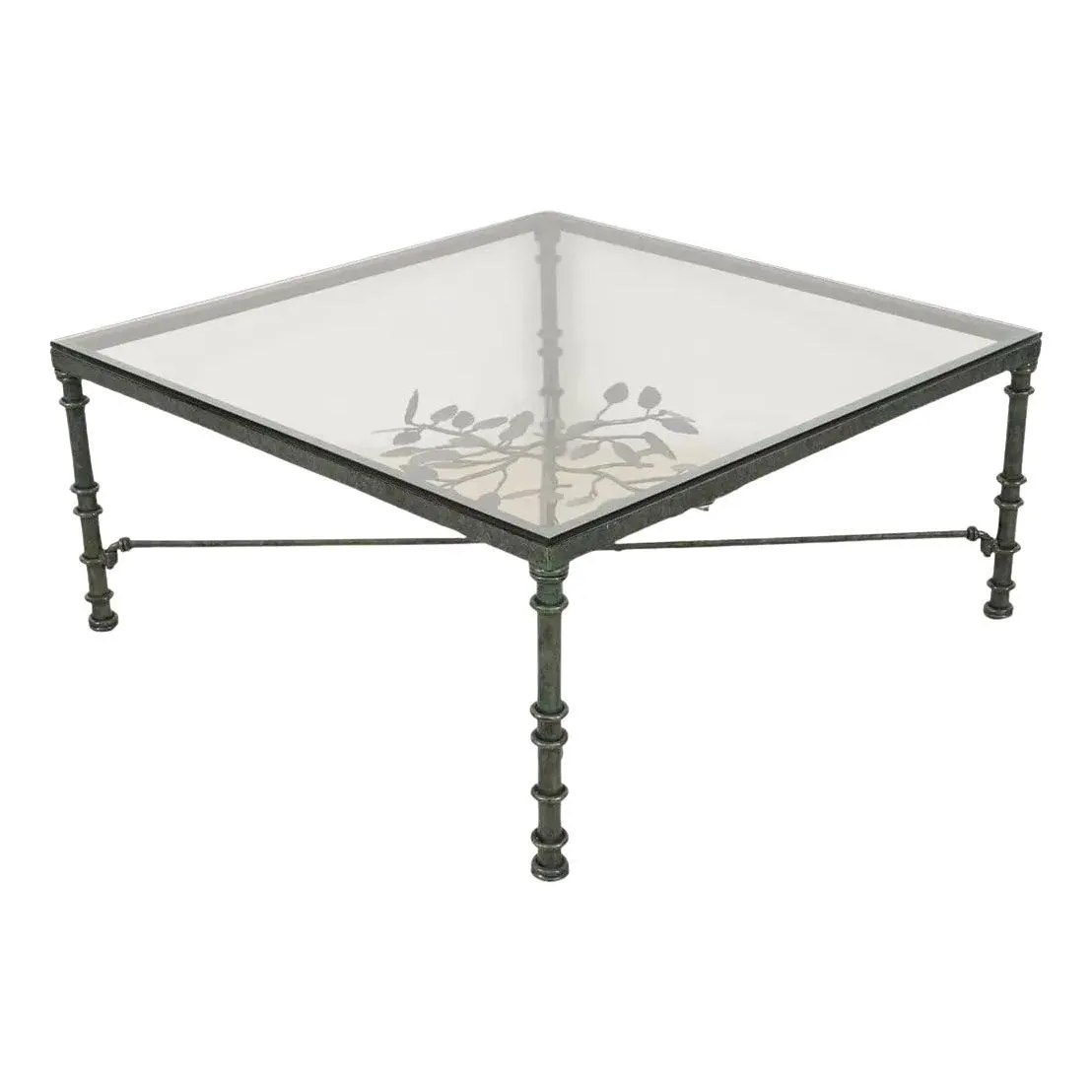 Giacometti Style Square Glass Top Iron Coffee Table with Verdigris Green Patina