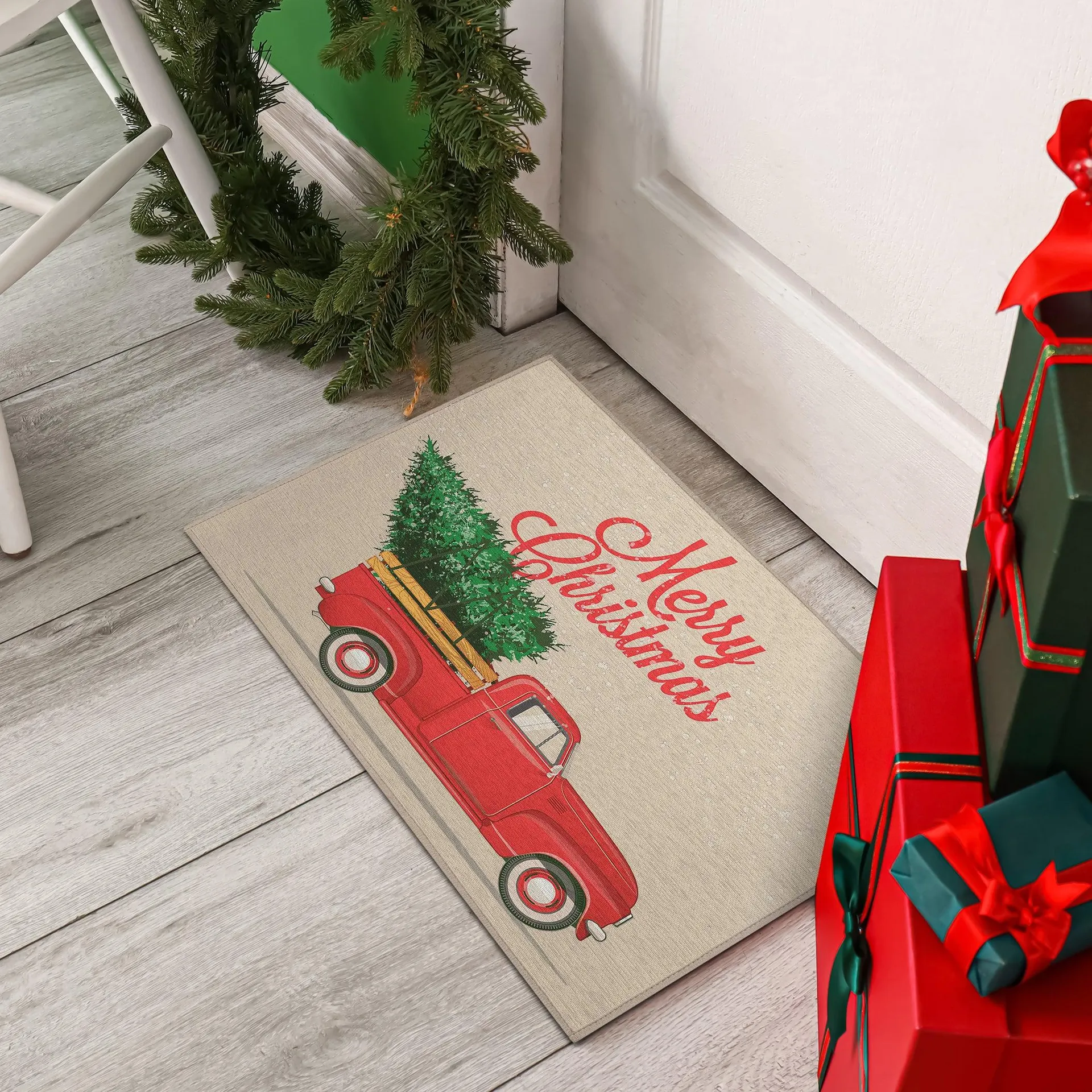 Wonderland Merry Christmas Truck Polyester Area Rug