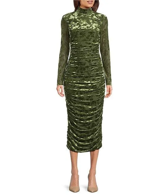 Kendall Velvet Burnout Ruched Long Sleeve Bodycon Dress