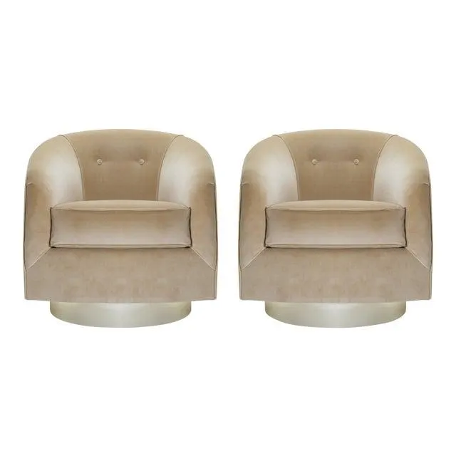 Swivel Tub Chairs in Camel Velvet With Polished Brass Bases, Pair