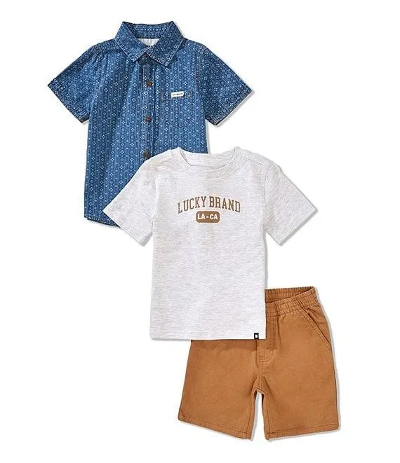 Little Boys Short Sleeve Woven Shirt & Crewneck T-Shirt & Twill Short 3-Piece Set