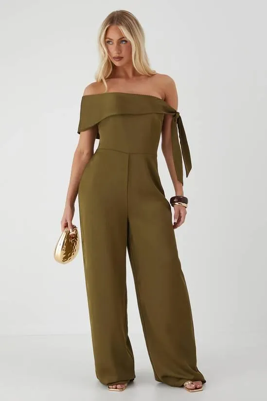 Satin Tie Shoulder Wide Leg Jumpsuit