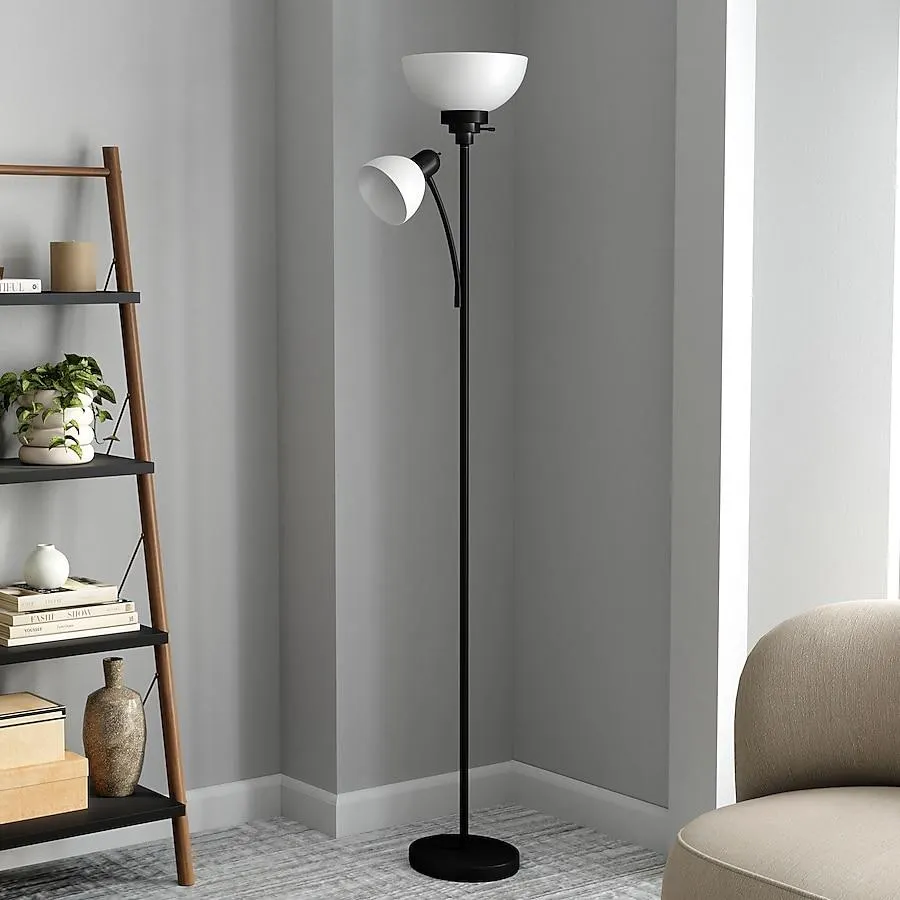 Style Selections 71-in Matte Black Torchiere with side-light Floor Lamp with Plastic Shade