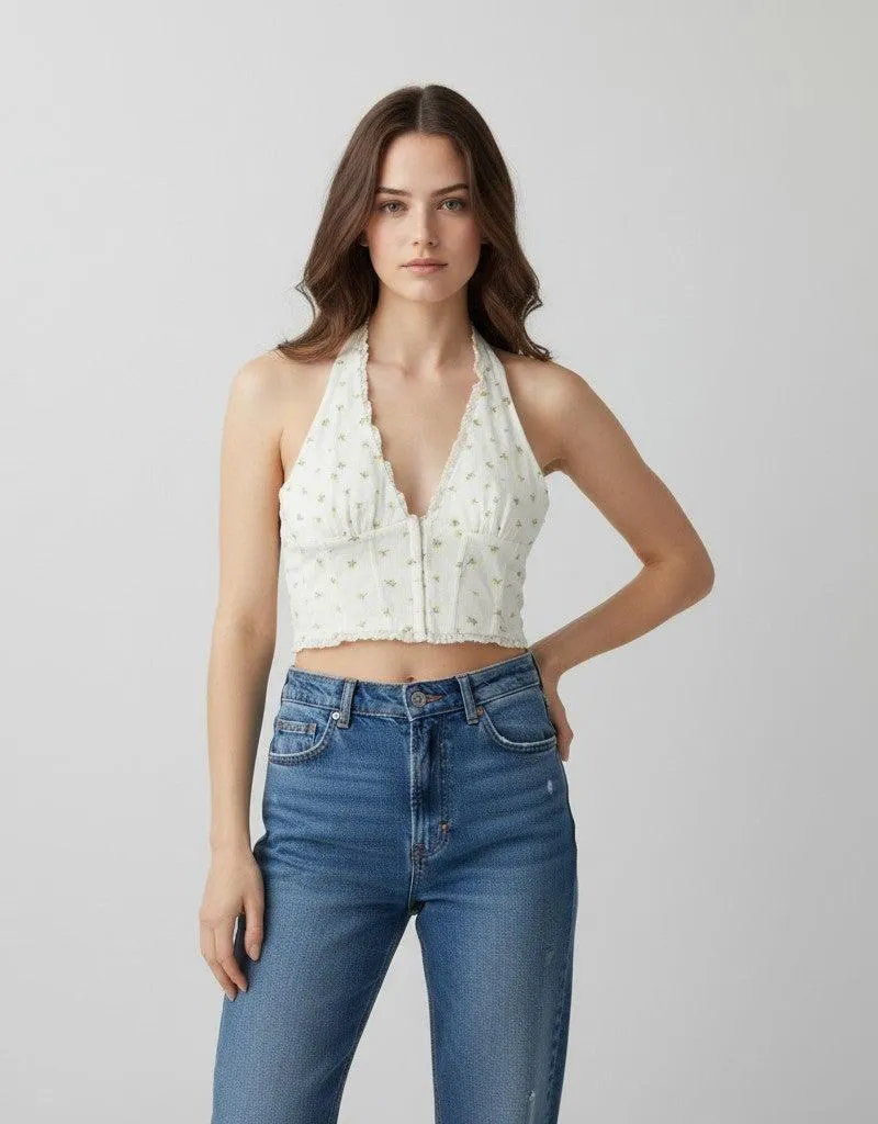 Floral Lace-Trim Halter Crop Top