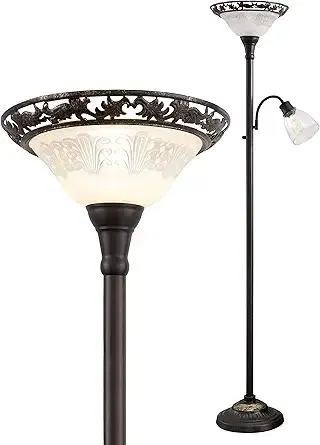 Floor Lamps for Living Room, 70" Floor Lamp Standing Torchiere Lamp with Etched Glass Shade, Metal Pole & Heavy Base, Vintage Tall Corner Lamp Decor for Bedroom, Living Room, Office. No Bulbs (2 Head)