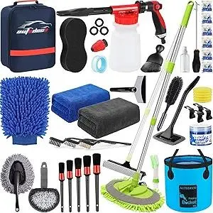 AUTODECO 42Pcs Car Wash Detailing Kit Cleaning Kits with Foam Gun Sprayer Wash Brush with Long Handle Collapsible Bucket Large Wash Mitt Towels Complete Interior Exterior Car Washing Supply Set Blue