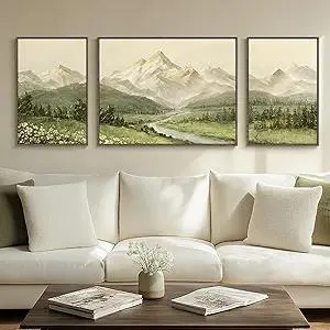 Framed Large Mountain Wall Art for Living Room, 3 Piece Green Landscape Canvas Artworks, Vintage Forest River Flower Painting Prints for Dining Room Bedroom Hallway Home Office Wall Decor