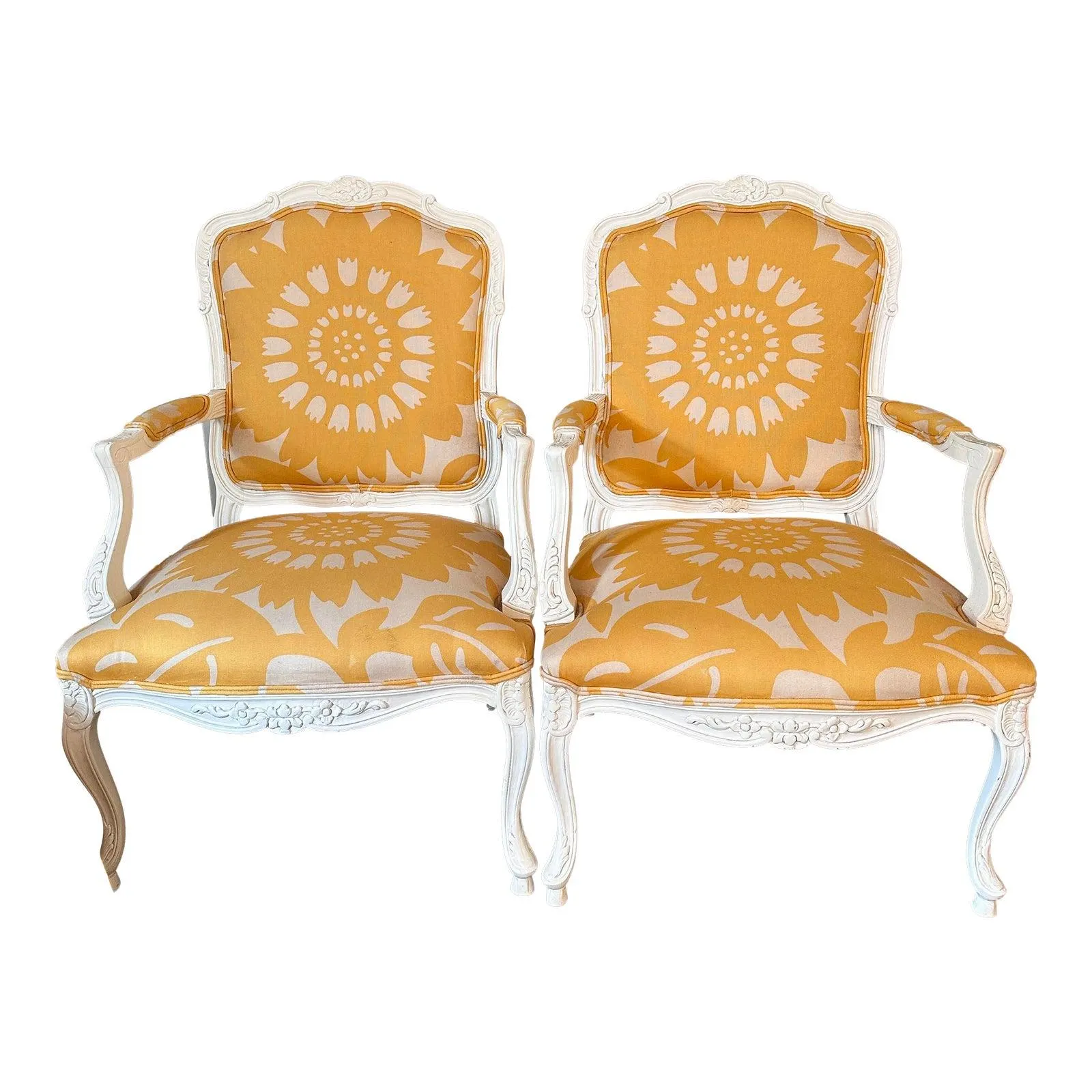 Pair of Vintage Italian Painted Bergere Chairs Upholstered in Yellow and White Linen
