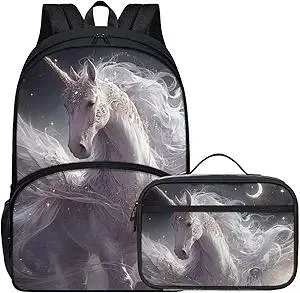 Cute Girls Backpack Set with Lunch Box Lightweight 17 Inch Magical Unicorn Backpack for Girls Kids Elementary Student Soft Padded Back Black School Bookbag Print Daypack