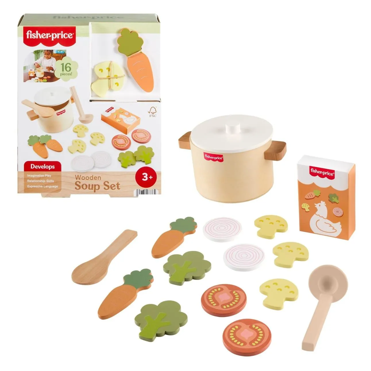 Fisher-Price Tiny Garden Wooden Veggie Soup Pretend Kitchen Play Set For Kids, 16 Wood Pieces