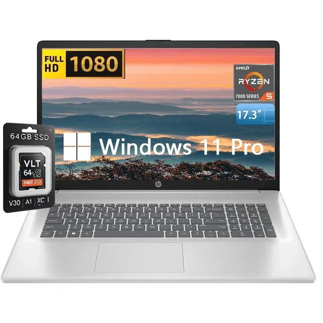 HP 17.3" FHD IPS Laptop, AMD Ryzen 5 7430U, 8GB RAM 512GB SSD, Windows 11 Pro, with VLT 64GB SD Card, Natural Silver