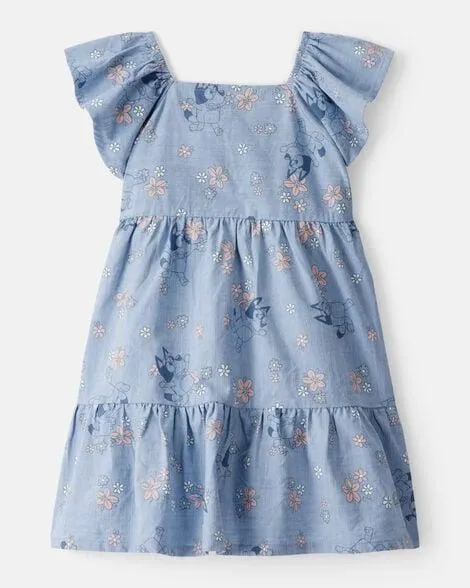 Baby Girl Bluey Floral Print Denim Dress - Blue