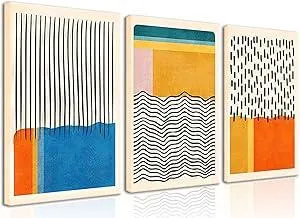 AKWISH Midcentury Modern Framed Wall Art for Living Room Set of 3 Mid Century Modern Abstract Canvas Painting Print Boho Color Blocks Home Decor Colorful Minimalist Pictures for Bedroom 12"x16"x3