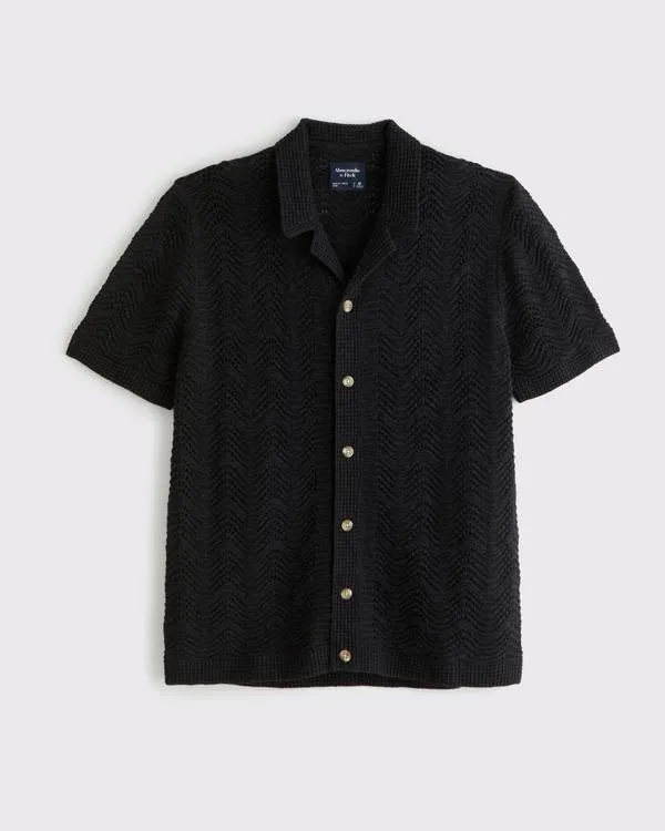 Wavy Crochet-Style Button-Through Sweater Polo