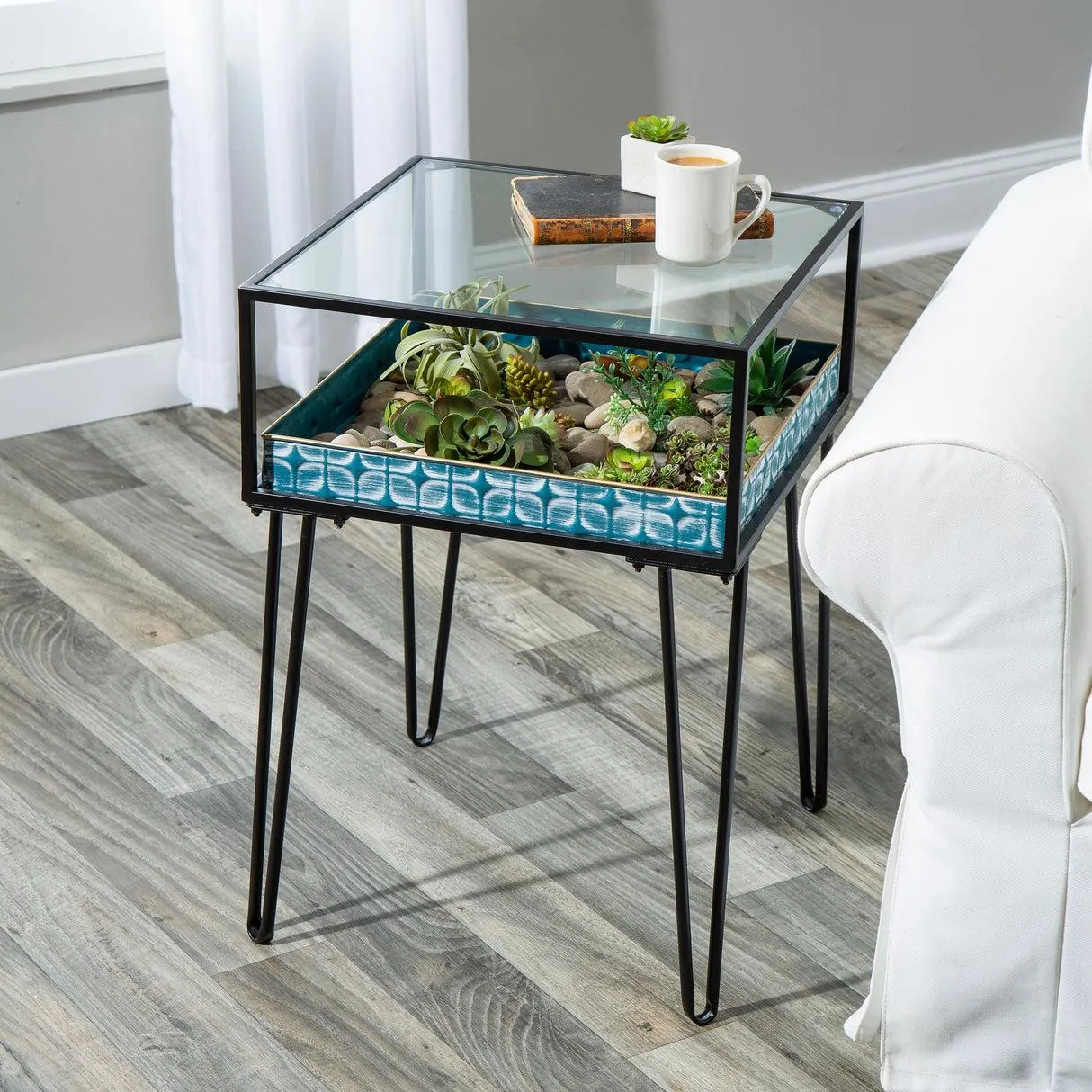 Metal Table with Glass Top and Teal Metal Planter Dish