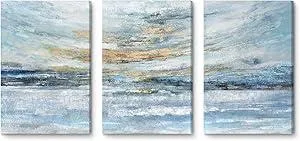 Abstract Canvas Wall Art for Bedroom 3 Piece Ocean Painting Coastal Theme Artwork Blue and Yellow Sunset & Sunrise on the Beach Seascape Picture for Bathroom Living Room Light 12x16inchx3 panel