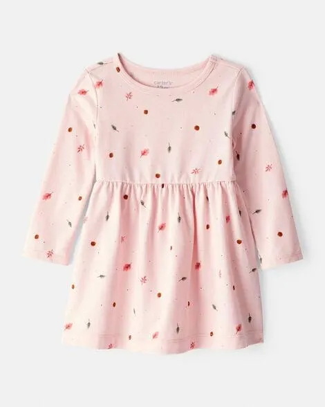 Baby Girl Leaf Print Long Sleeve Dress - Pink