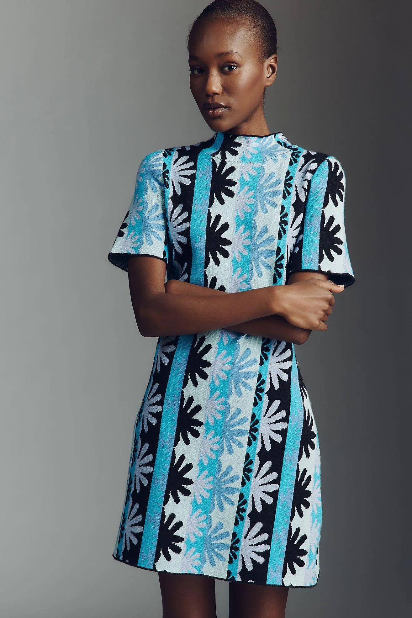 The Nina Short-Sleeve Mock-Neck Mod Sweater Mini Dress