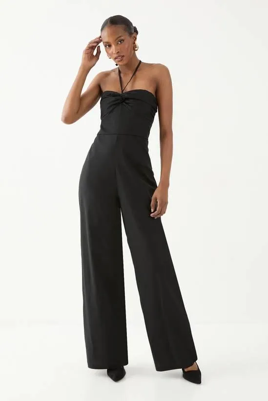 Linen Look Twist Halter Neck Jumpsuit