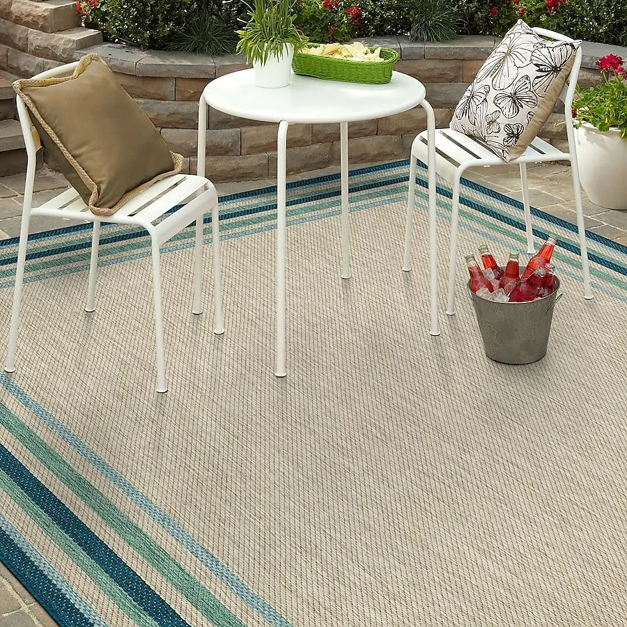 allen + roth with STAINMASTER Blue Green Border 8 x 10 (ft) Loomed Polypropylene Blue-Green Rectangular Outdoor Border Area rug
