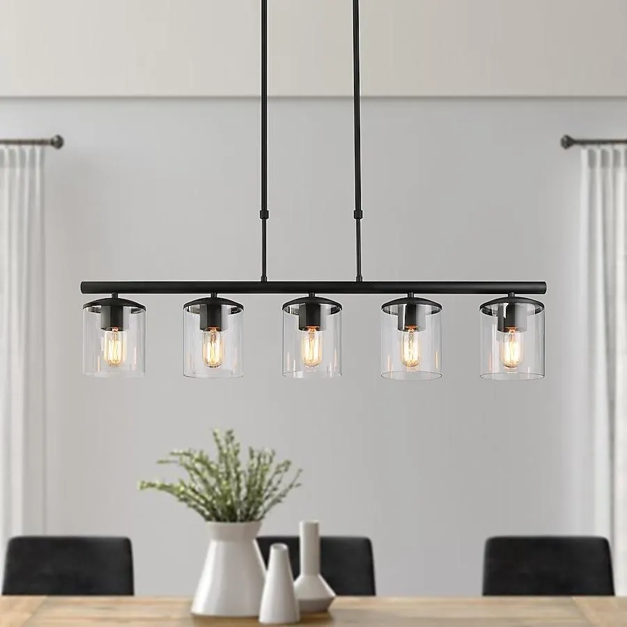 LNC Lapps 5 -Light 37-in L Matte black and clear cylinder glass Farmhouse Clear glass Linear Large Hanging Kitchen island light