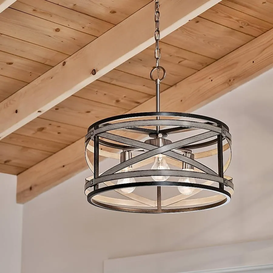 Kichler Stetton 3 -Light Anvil Iron and Distressed Antique Grey Farmhouse Drum Medium Hanging Pendant light